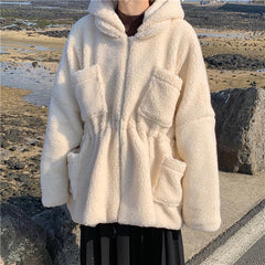 White Beige Loose Hooded Faux Fur Jacket