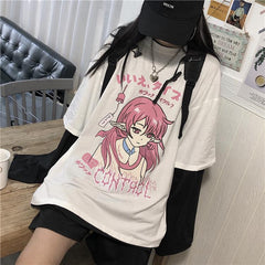 White Black Anime Girl Japanese Print Loose Shirt