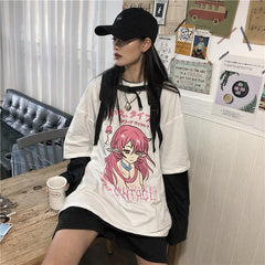 White Black Anime Girl Japanese Print Loose Shirt