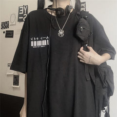 White Black Barcode Print Japanese Egirl Loose T-Shirt