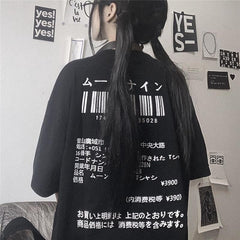 White Black Barcode Print Japanese Egirl Loose T-Shirt