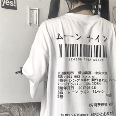 White Black Barcode Print Japanese Egirl Loose T-Shirt