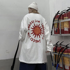 White Black Egirl Sun Back Print Oversized Shirt