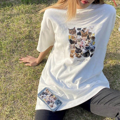 White Black Meme Cat Collage Print Loose T-Shirt