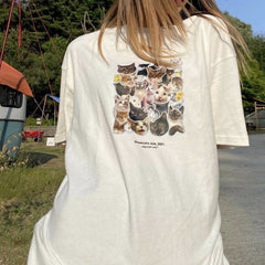 White Black Meme Cat Collage Print Loose T-Shirt