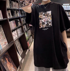 White Black Meme Cat Collage Print Loose T-Shirt