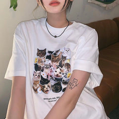 White Black Meme Cat Collage Print Loose T-Shirt