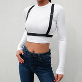 White Black Straps Long Sleeve Crop Shirt