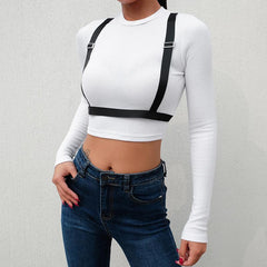 White Black Straps Long Sleeve Crop Shirt