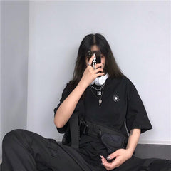 White Black Sun Embroidery Loose T-Shirt