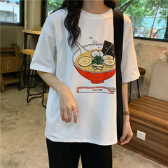 White Cute Ramen Bowl Print Oversized T-Shirt
