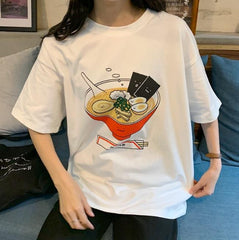 White Cute Ramen Bowl Print Oversized T-Shirt