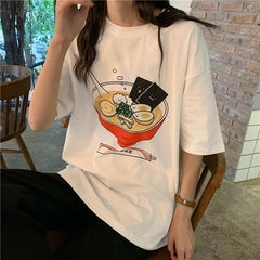 White Cute Ramen Bowl Print Oversized T-Shirt