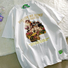 White Cute Vintage Cats Art Print Oversized T-Shirt