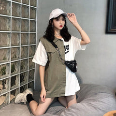 White Fake Two Piece Stitching Loose Long Shirt
