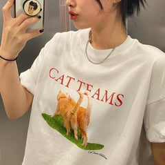 White Funny Cat Teams Meme Print Loose T-Shirt