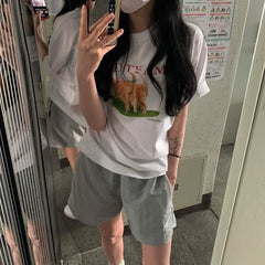 White Funny Cat Teams Meme Print Loose T-Shirt