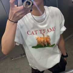 White Funny Cat Teams Meme Print Loose T-Shirt