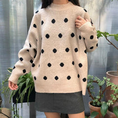 White Gray Black Polka Dot O-Neck Sweater