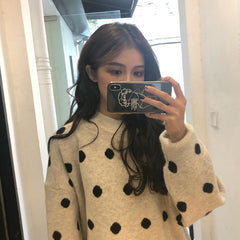 White Gray Black Polka Dot O-Neck Sweater