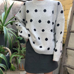 White Gray Black Polka Dot O-Neck Sweater