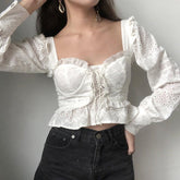 White Lace Up Bustier Riffled Crop Mesh Blouse