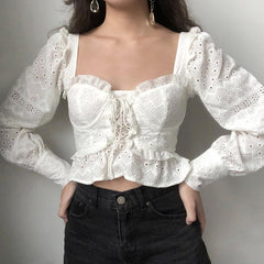 White Lace Up Bustier Riffled Crop Mesh Blouse