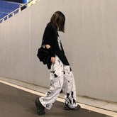 White Line Art Print E Girl Loose Wide Pants
