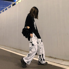 White Line Art Print E Girl Loose Wide Pants