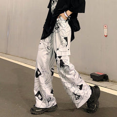 White Line Art Print E Girl Loose Wide Pants