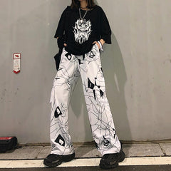 White Line Art Print E Girl Loose Wide Pants