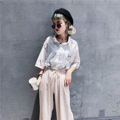 White Line Hands Expressionistic Loose Blouse