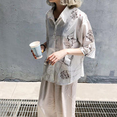 White Line Hands Expressionistic Loose Blouse