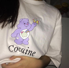 Camiseta extragrande con estampado de dibujos animados de oso cariñoso y meme blanco
