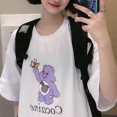 Camiseta extragrande con estampado de dibujos animados de oso cariñoso y meme blanco