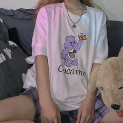 Camiseta extragrande con estampado de dibujos animados de oso cariñoso y meme blanco
