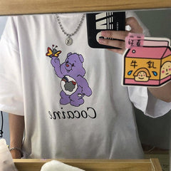 Camiseta extragrande con estampado de dibujos animados de oso cariñoso y meme blanco