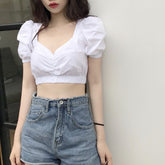 White Puff Sleeves High Waist Lolita Cute Top