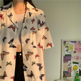 White Retro Colorful Butterfly Print Loose Shirt