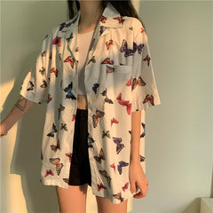 White Retro Colorful Butterfly Print Loose Shirt