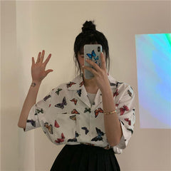 White Retro Colorful Butterfly Print Loose Shirt