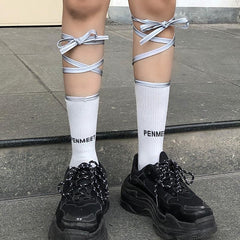 White Tumblr Aesthetic Reflective Straps Tall Socks