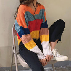 Wide Rainbow Stripes Ulzzang Knit Loose Cropped Sweater
