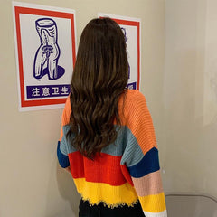 Wide Rainbow Stripes Ulzzang Knit Loose Cropped Sweater