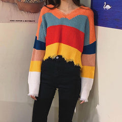 Wide Rainbow Stripes Ulzzang Knit Loose Cropped Sweater