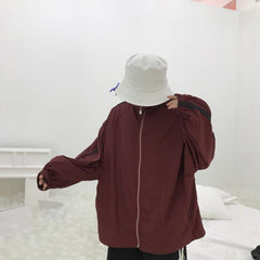 Wine Red Side Stripes 90S Oversized Zipper Sweatshirt