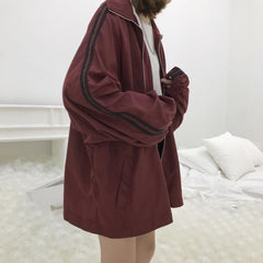 Wine Red Side Stripes 90S Oversized Zipper Sweatshirt