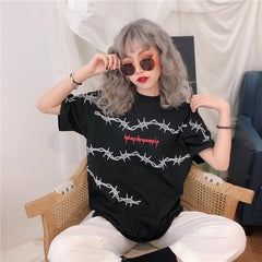 Wire Letters Print Black Pink Loose T-Shirt