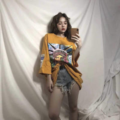 Camiseta larga extragrande con estampado colorido de la Estatua de la Libertad en amarillo y azul