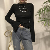 You Have To Believe Bust Cut Hole Long Sleeve Flared Blouse